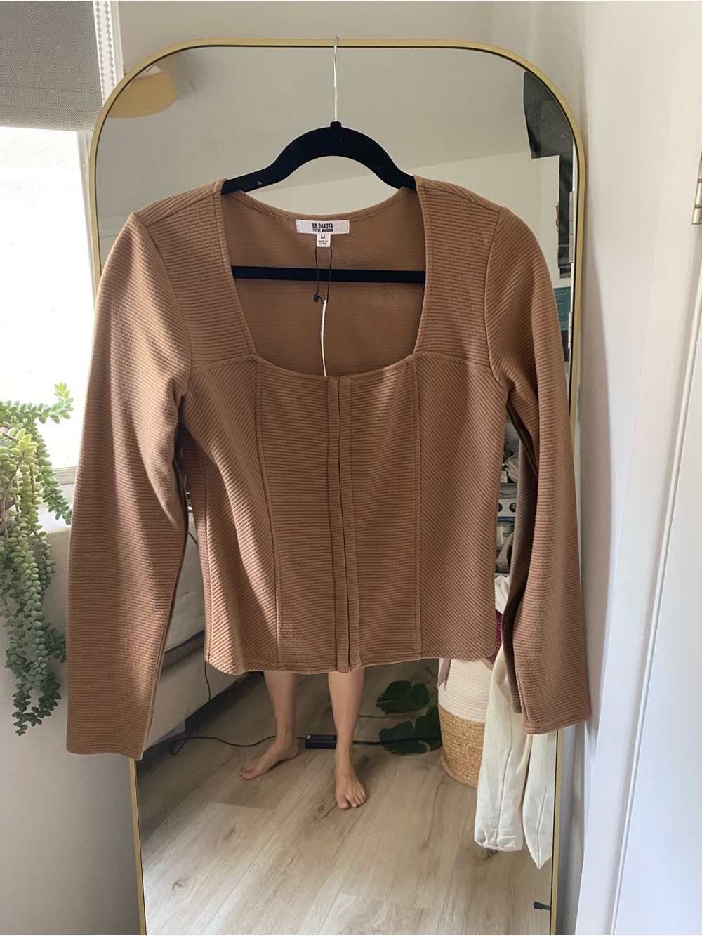 Steve Madden Ribbed Square-Neck Zip Sweater in Camel